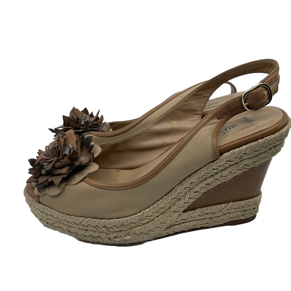 Valentino Tan Espadrille Wedges‎ with Floral Accent